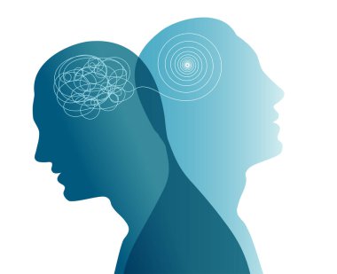Metafor bipolar akıl hastalığı. İki yüzlü. Kişilik bölünmesi. Konsept ruh hali bozukluğu. Çift kişilik konsepti. 2 baş silueti. Akıl sağlığı. Psikoloji. Karıştır ve çöz