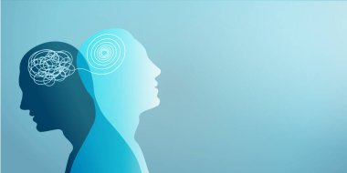 Metafor bipolar akıl hastalığı. İki yüzlü. Kişilik bölünmesi. Konsept ruh hali bozukluğu. Psikoloji. Çift kişilik konsepti. 2 baş silueti. Akıl sağlığı. Karıştır ve çöz