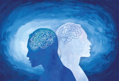 Metafor bipolar akıl hastalığı. Kafa karışıklığı ve kafa karışıklığı olan iki yüzlü. Kişilik bölünmesi. Ruh hali bozukluğu. 2 baş silueti. Psikoloji. Akıl sağlığı. Zihinsel tükenme. Suluboya.