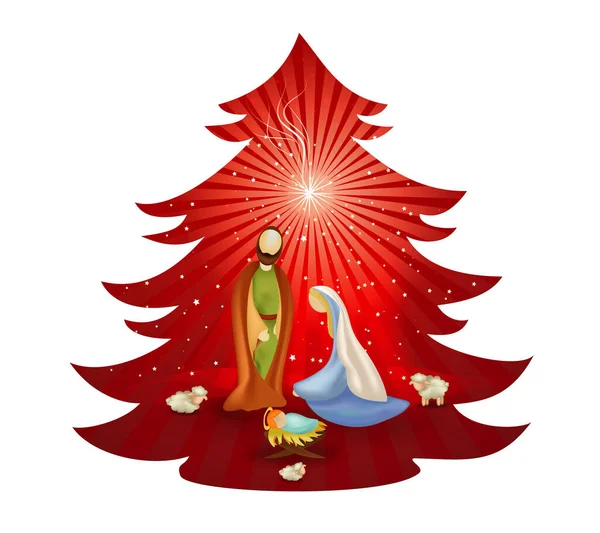 Weihnachtsbaumkrippe Mit Heiliger Familie Auf Rotem Hintergrund Bethlehem — Stockvektor