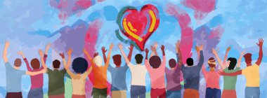 Arkadan el kaldırmış bir grup insan görüldü. Bağış ve gönüllü iş. Destek ve yardım. İnsanların çeşitliliği. Çok kültürlü bir topluluk. Sivil toplum. Yardım. Kar amacı gütmeyen