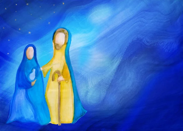 베들레헴 마리아와 예수와 거룩한 가족을 나타내는 추상적인 수채화 크리스마스 스타리 — 스톡 사진