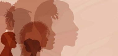 Afro-Afrikalı ve Afrikalı Amerikalıların profillerini çıkar. Siyah tarih ayı etkinliği. Siyahi tenli etnik gruptan erkekler ve kadınlar. Irksal eşitlik - adalet - kimlik - ırkçılık karşıtlığı. Pankart