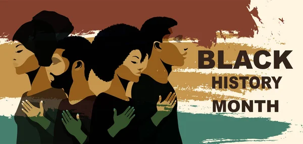 Siyah tarih ayı etkinliği. Afro-Afrikalı ve Afrikalı Amerikalıların profillerini çıkar. Etnik grup siyah erkek ve kadınlar. Irksal eşitlik - adalet - kimlik - ırkçılık karşıtlığı - dahil etme. Pankart
