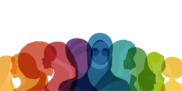 Isolated group silhouette of multicultural women. International women's day. Diversity - inclusion - equality or empowerment concept. Banner rainbow colors