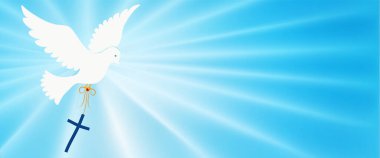 Soyut güvercin uçuyor ve Hıristiyan haçı taşıyor. Hristiyan sembolü Açık mavi arkaplan ve parlak ışınlar. Doğu. Saflığın sembolü. Hristiyan inancı. Baptism.Kutsal Ruh. Evangelizasyon