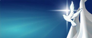 Dove Whit Christian 'ın haç sembolü. Haç. Haç. Parlak ışınları olan mavi bir arka plan. Paskalya. Saflığın sembolü. İnanç. Vaftiz töreni. Kutsal Ruh. Evangelizasyon. Diriliş Pankart