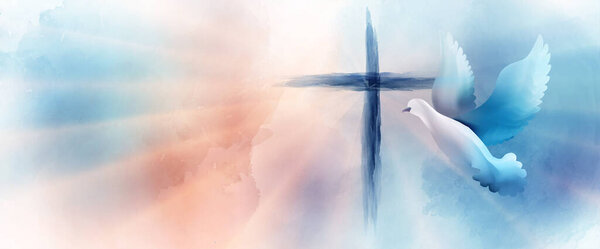 Dove with christian cross symbol. Crucifix. Easter. Sign of purity. Faith. Baptism. Holy Spirit. Evangelization. Resurrection. Banner copy space watercolor