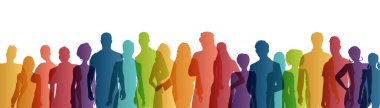 Bir grup siluet farklı insanların ön görüşü. Bağış ve gönüllü iş. Topluluk. Sivil toplum. Yardım. Kâr amacı gütmeden. Destek ve yardım. İnsanların çeşitliliği. Çok kültürlülük