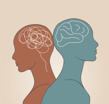 2 baş silueti. Metafor bipolar akıl hastalığı. Kafa karışıklığı ve kafa karışıklığı olan iki yüzlü. Konsept ruh hali bozukluğu. Kişilik bölünmesi. Psikoloji. Akıl sağlığı. Psikiyatri