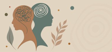 2 baş silueti. Metafor bipolar akıl hastalığı. Karmaşık ve karışık beyinli çift yüz. Ruh hali bozukluğu konsepti. Kişilik bölünmesi. Psikoloji ya da Psikiyatri. Banner.