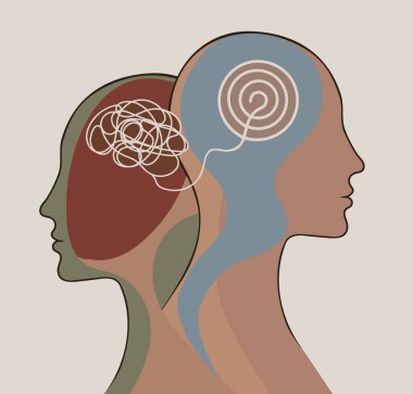 2 baş silueti. Metafor bipolar akıl hastalığı. Kafa karışıklığı ve kafa karışıklığı olan iki yüzlü. Konsept ruh hali bozukluğu. Akıl sağlığı. Kişilik bölünmesi. Psikoloji