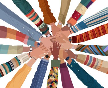 Birbiri üzerine istiflenmiş bir grup el. Çeşitli çok kültürlü insanlar. Çeşitliliği, kültürel kapsayıcılığı ve ırksal eşitliği kucaklamak. Takım çalışması topluluk işbirliği ve birlik