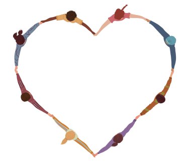 Chain of a group of isolated multicultural people seen from above holding hands and forming a heart shape. Cooperation teamwork.Community of friends or volunteers.Inclusion.Top View clipart