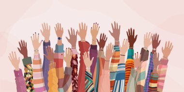 Çok kültürlü kadınların ellerini kaldırdı. Çeşitlilik - kapsama - eşitlik - kız gücü ya da güçlendirme konsepti. Uluslararası Kadınlar Günü