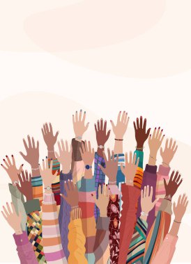 Çok kültürlü kadınların ellerini kaldırdı. Uluslararası Kadınlar Günü. Çeşitlilik - kapsama - eşitlik - kız gücü veya güçlendirme kavramı