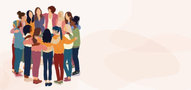 Çemberin içinde birbirine sarılan bir grup çok kültürlü kadın. Çeşitlilik - kapsama - eşitlik - kız gücü ya da güçlendirme konsepti. Uluslararası Kadınlar Günü