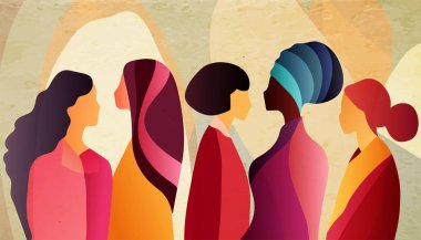 Çok kültürlü kadınların grup silueti. Güçlendirme - eşitlik - dahil - çeşitlilik - ya da kız gücü konsepti. Uluslararası Kadınlar Günü. Grunge doku arkaplanı