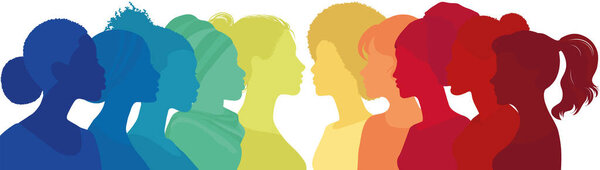 Communication group of multicultural women. face silhouette profile. Female social network community of diverse culture. Equality - Inclusion - Empowerment Colleagues. Rainbow colors