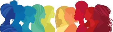 Çok kültürlü kadınlardan oluşan bir iletişim grubu. Yüz silueti profili. Çeşitli kültürlerin kadın sosyal ağ topluluğu. Yetkilendirme - Katılım - Eşitlik - Meslektaşlar. Gökkuşağı renkleri