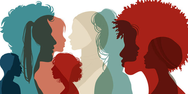 Силуэт профильной группы мужчин и женщин различной культуры. Разнообразие равенства включения. Мультикультурные люди. DEIB