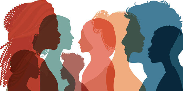 Силуэт профильной группы мужчин и женщин различной культуры. Разнообразие равенства включения. DEIB. Мультикультурный. Толпа людей