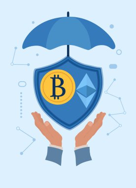 Shield Bitcoin Ethereum Hands ve Şemsiye ile Kripto Sigorta Koruma Konsepti