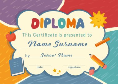 Anaokulu diploması şablonu, bulutlu okul malzemeleri, güneş ve renkli arka plan.