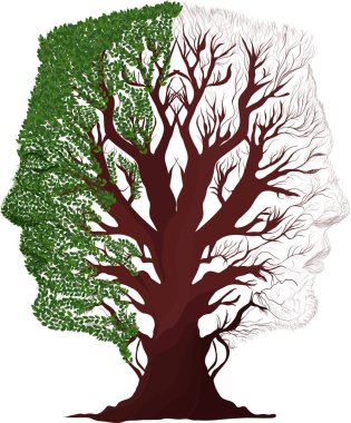 Bipolar bozukluk kavramı, insan yüzü ağacı yarı yeşil, yarı kuru zihinsel sağlık karşıtlığı gösteriyor.