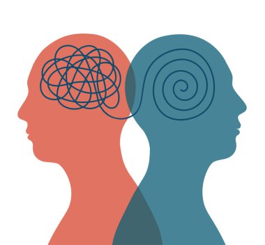 İki kafa silueti bipolar akıl sağlığı karmaşası beyin psikolojisi kavramını çözüyor