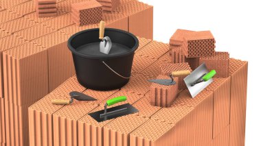 Spatula, tuğlalı bir palette havan topu konteynırı..