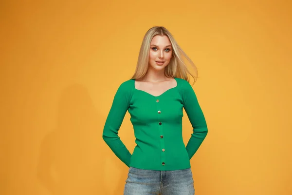 Hermosa Chica Rubia Suéter Verde Jeans Sobre Fondo Amarillo Estudio —  Fotos de Stock