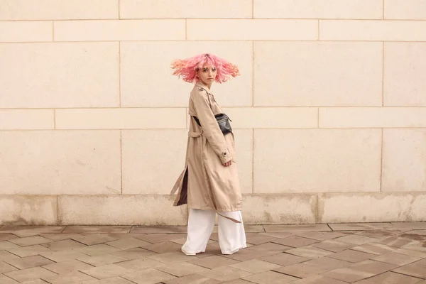 Portrait Shooting Eines Stilvollen Mädchens Mit Rosa Haaren Beigetöne Trends — Stockfoto