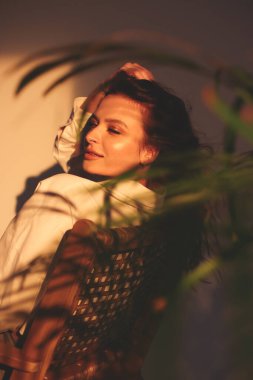 Beyaz gömlekli ve siyah pantolonlu şık esmer bir kız beyaz arka planda oturuyor. Yüzünde bir ışık demeti parlıyor. Kıvırcık saçlı. Boho tarzında modaya uygun çekim, palmiye yapraklarından gölgeler