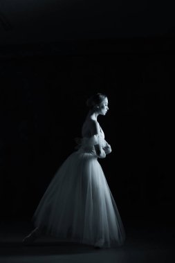 Profesyonel balerin. Profesyonel balerin. Dans eden balerin. Beyaz elbiseli ve sivri uçlu ayakkabılı balerin. Karanlık arka plan. Siyah ve beyaz