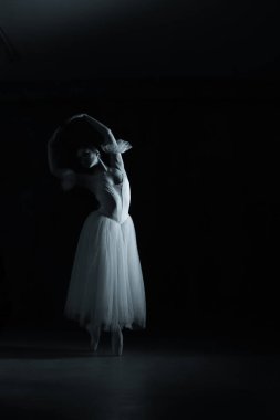 Profesyonel balerin. Profesyonel balerin. Dans eden balerin. Beyaz elbiseli ve sivri uçlu ayakkabılı balerin. Karanlık arka plan. Siyah ve beyaz
