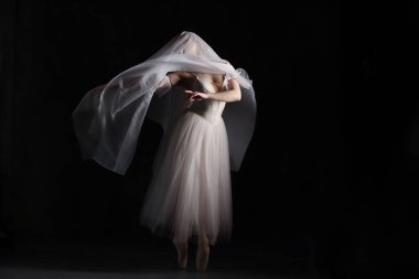 Profesyonel balerin dans ediyor. Beyaz elbiseli ve sivri uçlu ayakkabılı balerin. Karanlık arka plan. Peçe. Sahne. Performans