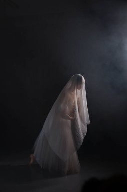 Profesyonel balerin dans ediyor. Beyaz elbiseli ve sivri uçlu ayakkabılı balerin. Karanlık arka plan. Peçe. Sahne. Performans