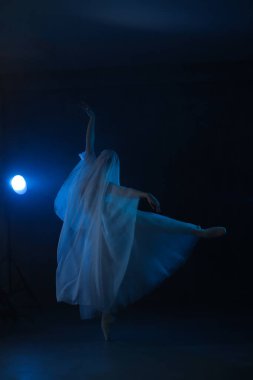 Profesyonel balerin dans ediyor. Beyaz elbiseli ve sivri uçlu ayakkabılı balerin. Koyu arkaplan, mavi ışık. Peçe. Sahne. Performans