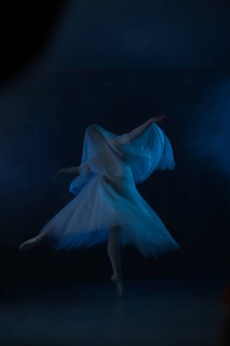 Profesyonel balerin dans ediyor. Beyaz elbiseli ve sivri uçlu ayakkabılı balerin. Koyu arkaplan, mavi ışık. Peçe. Sahne. Performans