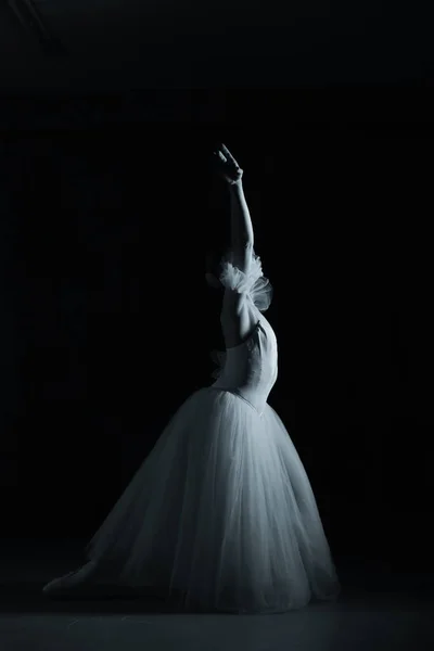 プロのバレリーナダンスバレエ プロのバレリーナダンスバレエ 白いドレスとポイントの靴でバレリーナ 暗い背景 黒と白 — ストック写真