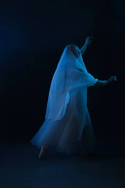 Profesionální Balerína Taneční Balet Ballerina Bílých Šatech Špičaté Boty Tmavé — Stock fotografie