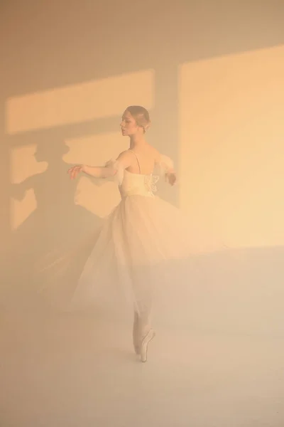 Ballet Danse Ballerine Professionnelle Ballerine Robe Blanche Chaussures Pointes Fond — Photo