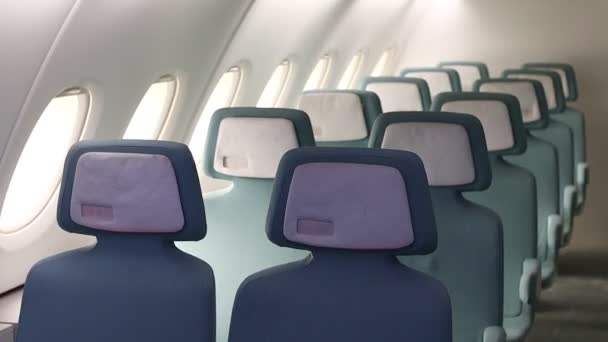 具有现代座位的原型飞机 一排两排蓝色座位 — 图库视频影像
