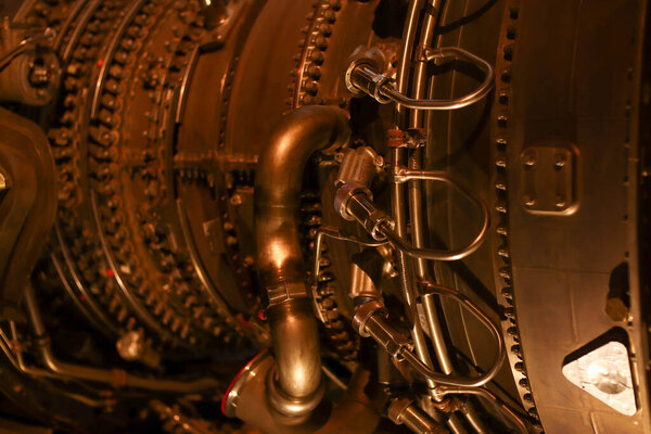 Turbine Engine Profile. Aviation Technologies. Aircraft jet engine detail in the exposition