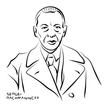 Sergei Rachmaninoff portre kalem çizimi çizimi. Rus besteci, orkestra şefi, piyanist. Vektör Deseni.