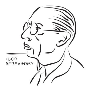 Igor Stravinsky portre kalem çizimi çizimi. Besteci, piyanist ve orkestra şefi. Vektör deseni.