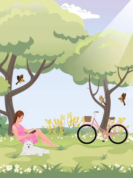 Жінка Сидить Під Деревом Читає Книгу Собака Велосипед Спереду — стоковий вектор