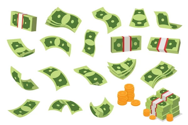 Diverse Dollars Illustratie Platte Set Vliegende Dollars Bankbiljetten Vector Cartoon — Stockvector