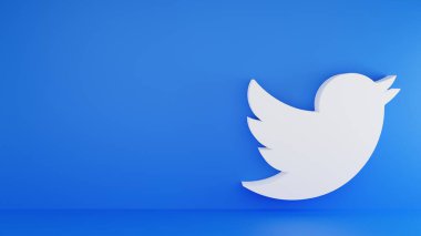 Mavi zemin üzerinde beyaz Twitter logosunun 3d yorumlayıcısı